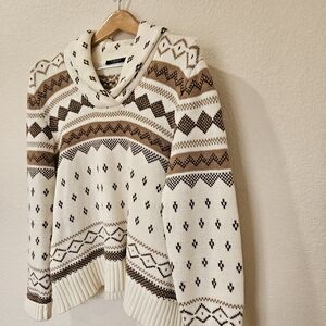 Chaps Sweater Womens Cream & Brown Nordic Style Intarsia Bulky Knitted Pullover
